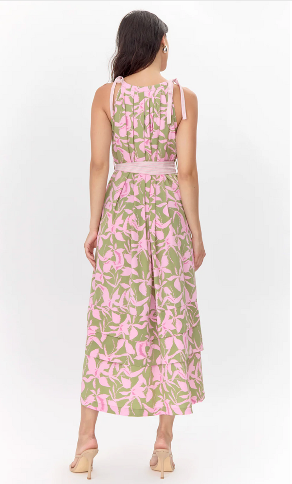 Nali Print Shoulder-Tie Maxi Dress - Sage/ Pink