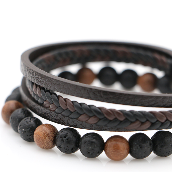 Koa Wood and Lava Beads with Leather Bracelet