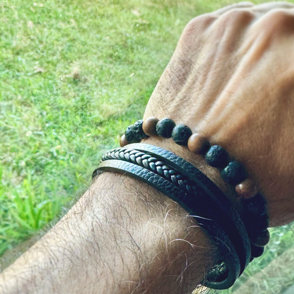 Koa Wood and Lava Beads with Leather Bracelet
