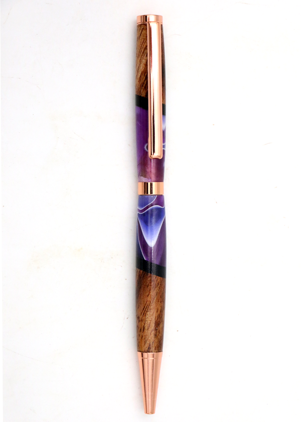 Hawaiian Koa Wood & Purple Swirl Resin Copper Slimline Pen