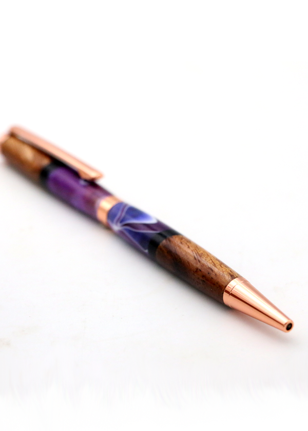 Hawaiian Koa Wood & Purple Swirl Resin Copper Slimline Pen