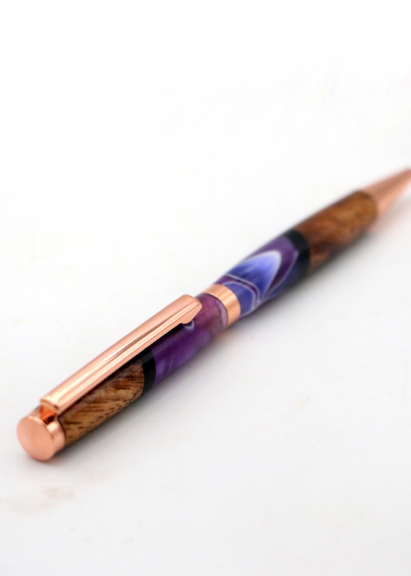 Hawaiian Koa Wood & Purple Swirl Resin Copper Slimline Pen