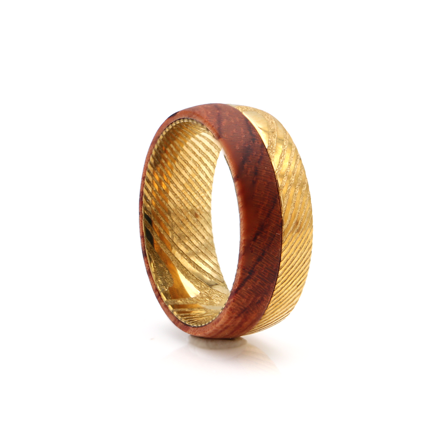 Koa Wood and Gold Damascus Steel Duet Ring 8mm
