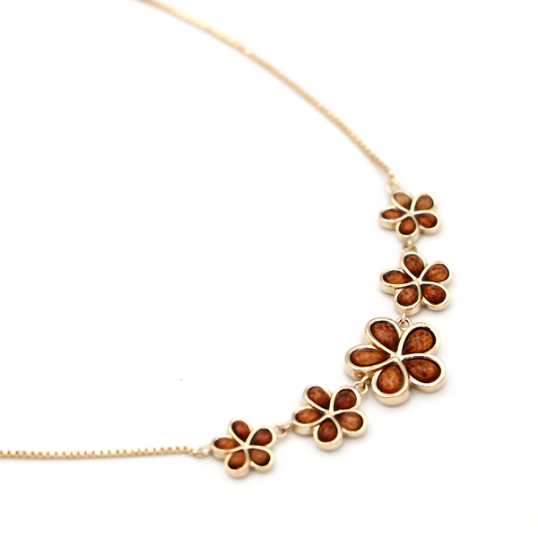 14k gouden 5 Plumeria Koa inlay ketting