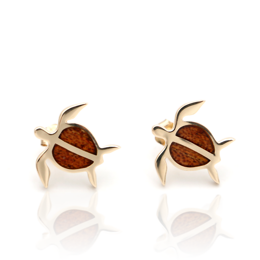 14k Gold and Koa Wood Honu Inlay Stud Earrings