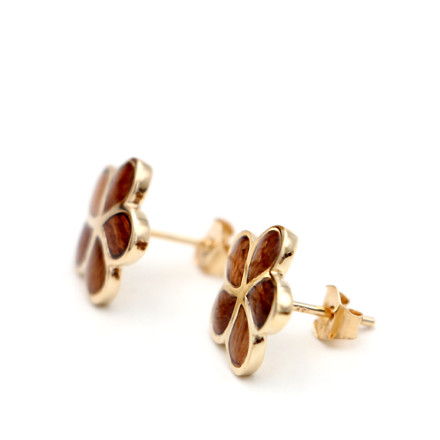14k Gold and Koa Wood Plumeria Inlay Stud Earrings