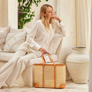 Large Rattan Cane Weave Tote with Brown Leather Trim