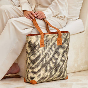 Oversized Rattan Tote with Brown Leather Trim