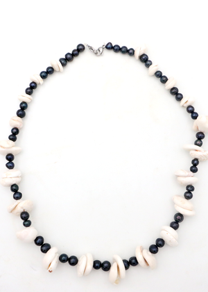 Black Pearl and Large Puka Shell Lei Necklace