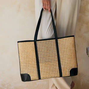 Large Rattan Cane Weave Tote with Black Leather Trim