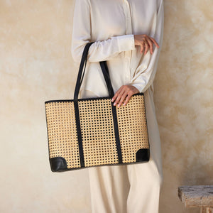 Large Rattan Cane Weave Tote with Black Leather Trim
