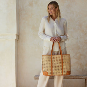 Large Rattan Cane Weave Tote with Brown Leather Trim