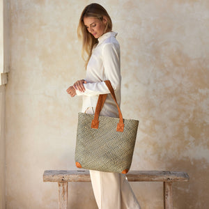 Oversized Rattan Tote with Brown Leather Trim