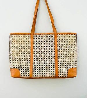 Large Rattan Cane Weave Tote with Brown Leather Trim
