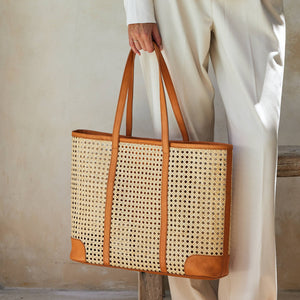 Large Rattan Cane Weave Tote with Brown Leather Trim