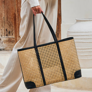 Large Rattan Cane Weave Tote with Black Leather Trim