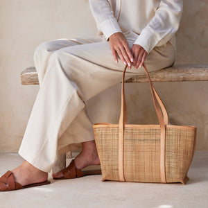 Rattan Basket Weave Tote with Light Leather