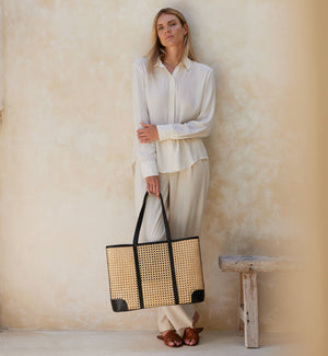 Large Rattan Cane Weave Tote with Black Leather Trim