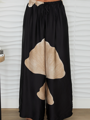 Gingko Print Wide Leg Pants - Black