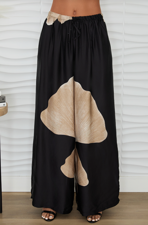 Gingko Print Wide Leg Pants - Black