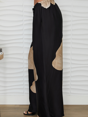 Gingko Print Wide Leg Pants - Black