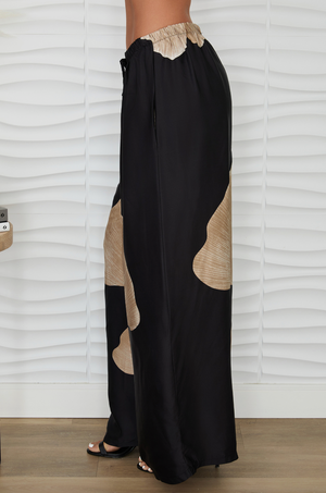 Gingko Print Wide Leg Pants - Black