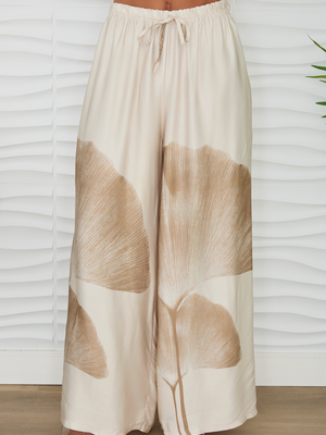 Gingko Print Wide Leg Pants - Beige