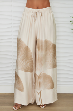 Gingko Print Wide Leg Pants - Beige