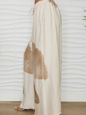 Gingko Print Wide Leg Pants - Beige