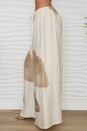 Gingko Print Wide Leg Pants - Beige