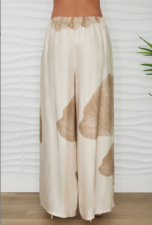 Gingko Print Wide Leg Pants - Beige