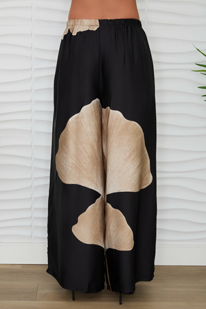 Gingko Print Wide Leg Pants - Black