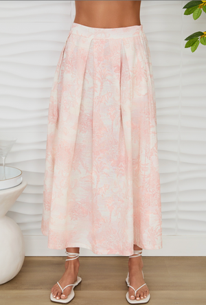 Tropical Palm Pleated Midi Skirt - Blush