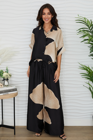 Gingko Print Wide Leg Pants - Black - Top View