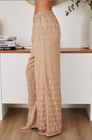 Geometric Print Silky Pants with Pocket - Camel