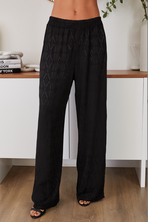 Geometric Print Silky Pants with Pocket - Black