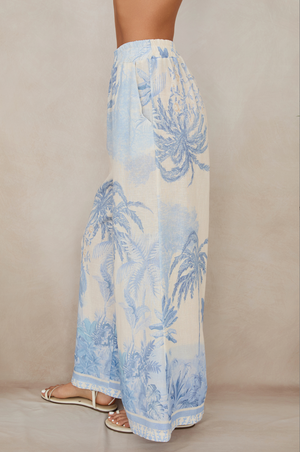 Tropical Palm Wide Leg Pants - Blue