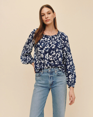 Ruffle Neck Raglan Button Down - Indigo Bloom