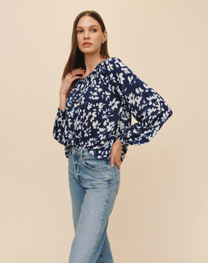 Ruffle Neck Raglan Button Down - Indigo Bloom