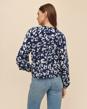 Ruffle Neck Raglan Button Down - Indigo Bloom