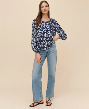 Ruffle Neck Raglan Button Down - Indigo Bloom