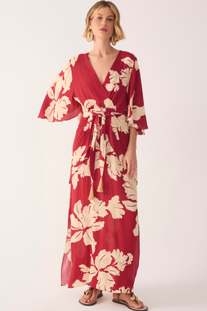 Hibiscus Print Kimono Maxi Dress