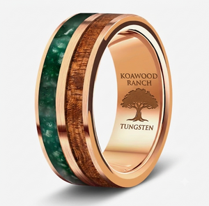 Koa Wood and Malachite Inlay Tungsten Ring Rounded 8mm