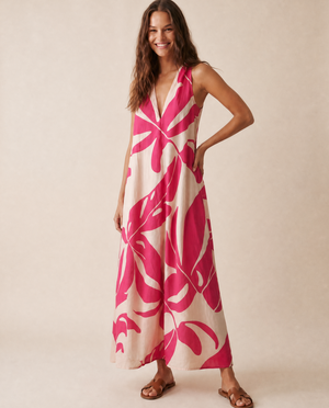 Mauka Midi Dress - Forest Leaves Fuchsia