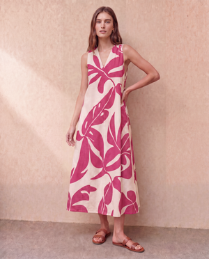 Mauka Midi Dress - Forest Leaves Fuchsia