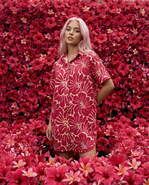 Island Shirt Dress - Vintage Flowers Raspberry