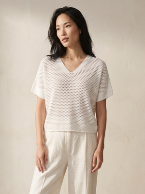 Mesh V-Neck Knit Top - Top View 1