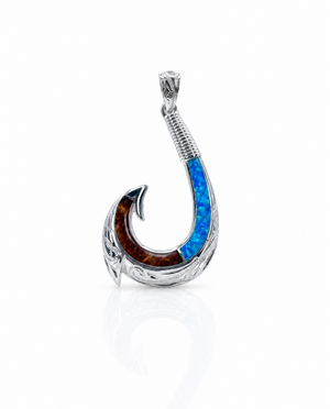 Fish Hook Sterling Silver Koa and Opal Inlay Pendant with Polynesian Engraving