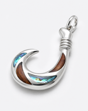 Fish Hook Sterling Silver Koa and Abalone Inlay Pendant
