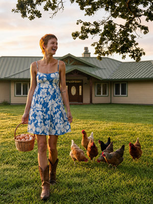 A woman in a blue and white floral dress walks on a grassy lawn carrying a basket of eggs, with several chickens beside her and a house in the background at sunset.